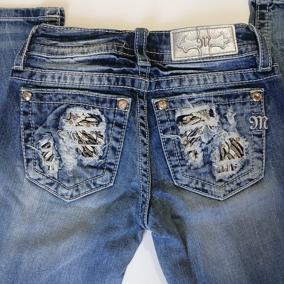 Miss Me Signature Straight Leg Jeans Size 24 Distressed Rhinestone Sequin Pocket - Picture 6 of 16